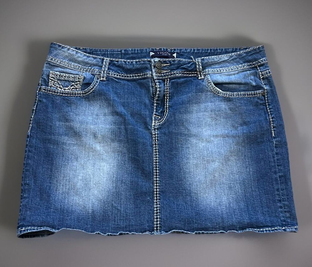 Vigoss Mini Jean Skirt Women's 22 Plus Denim Distressed Double Button Americana